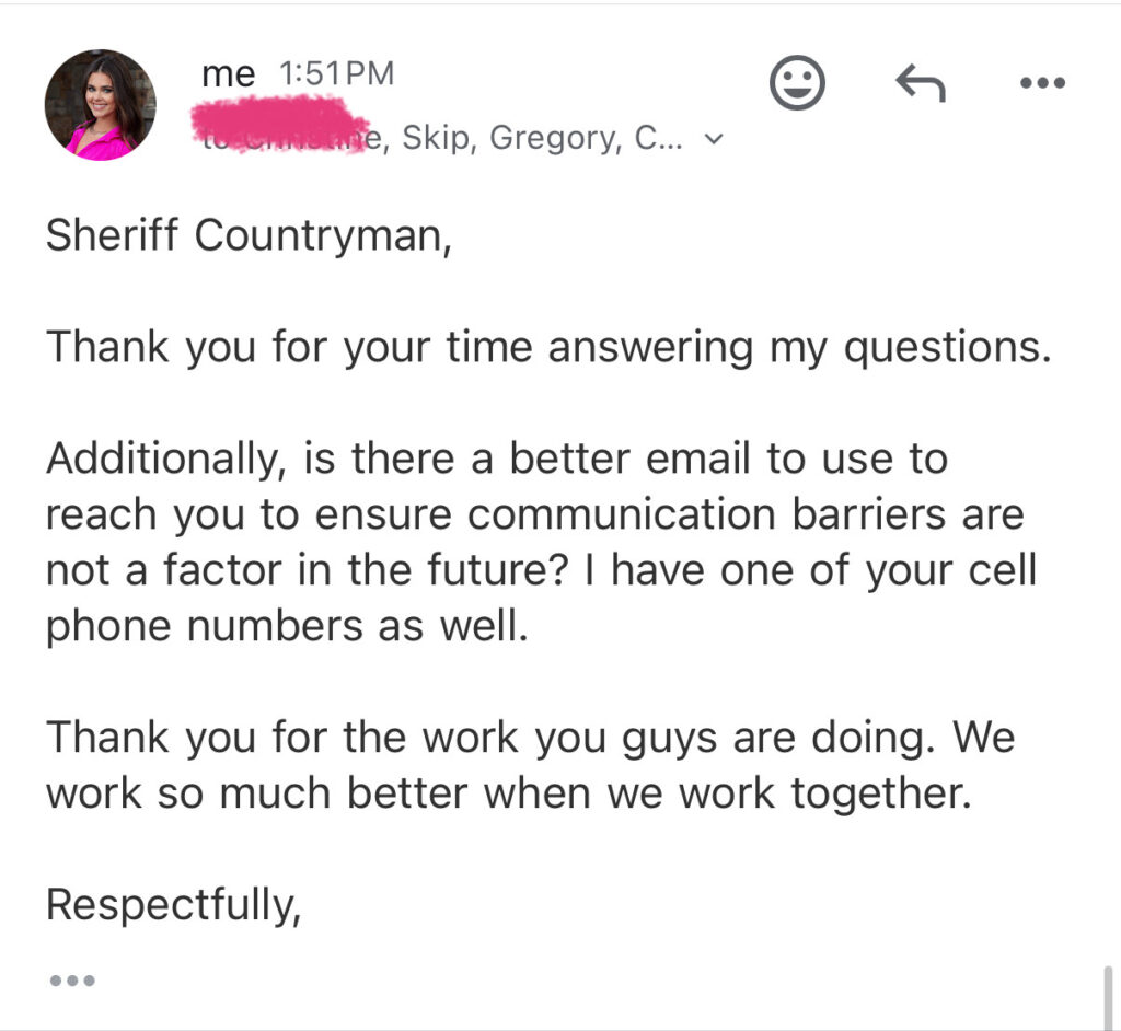 Attempted communication between Muscogee County Sheriff Greg Countryman regarding the investigation into the City of Columbus